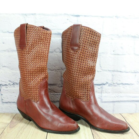 Vintage LL Bean Dingo Brown Braided Leather Western Pull-On Boots Size 6 M - Picture 3 of 10
